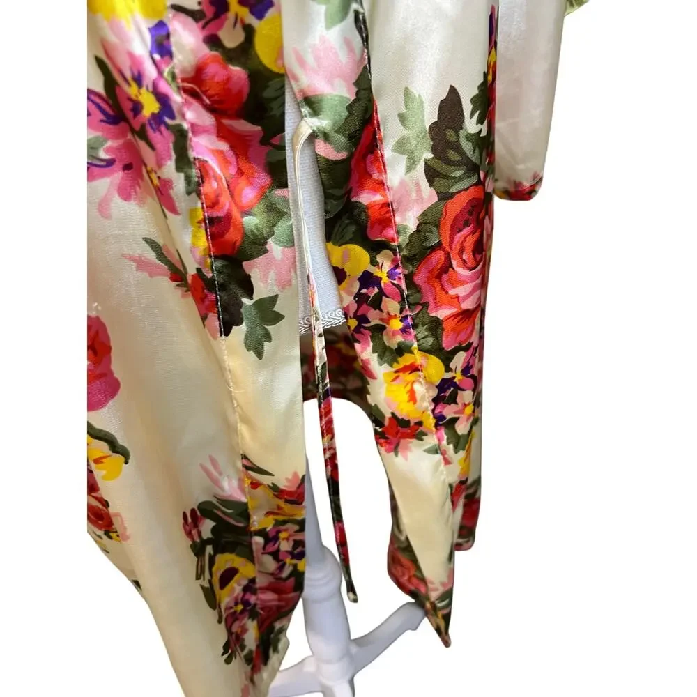 Floral satin kimono robe pajamas sleepwear loungewear glam feminine - Picture 3 of 6